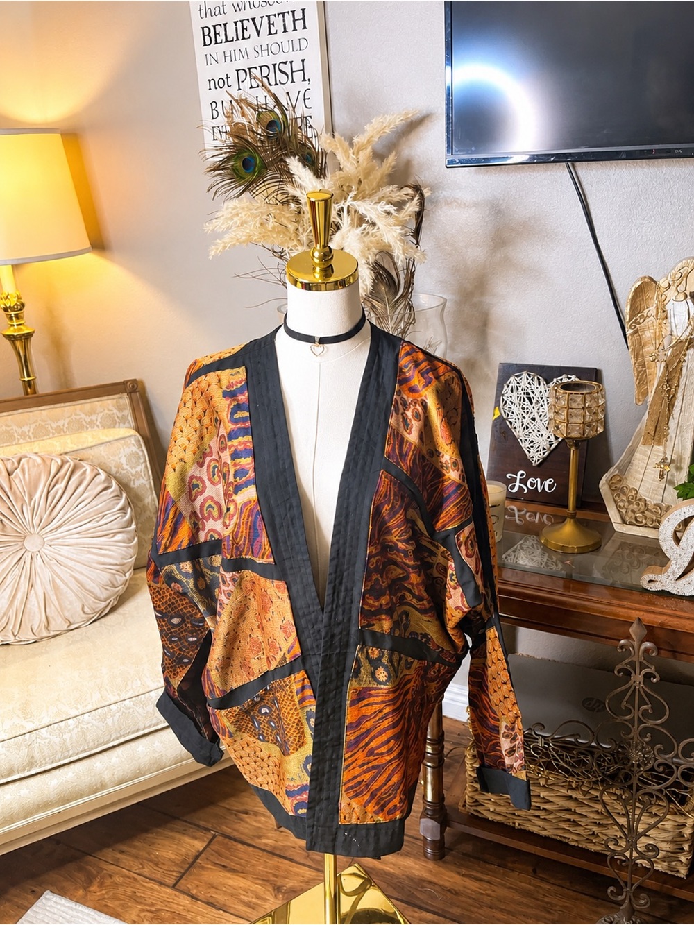 VTG Oversized Patchwork Kimono Coat with Geometric Artsy Boho